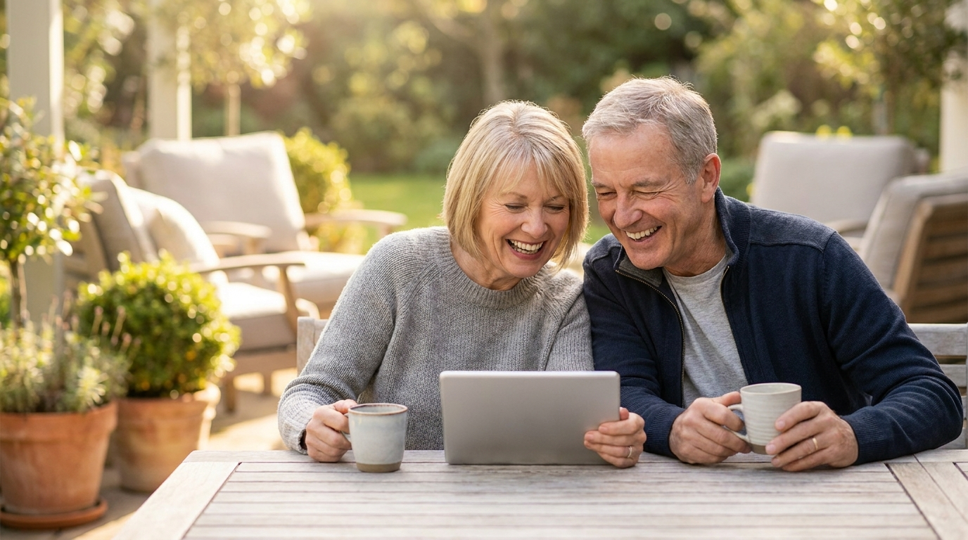 Early retiree couple relaxing on a sunlit patio