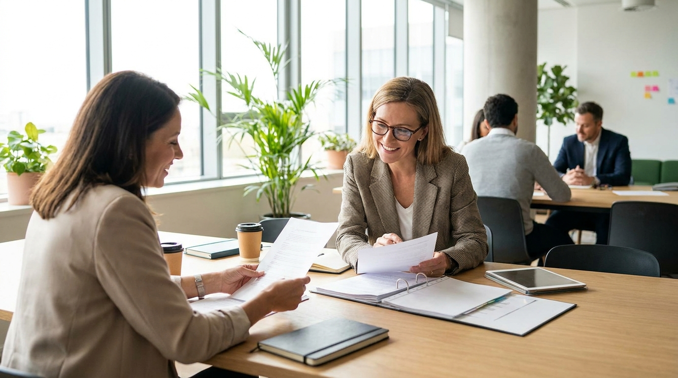 Small business owner reviewing employee benefits with an advisor