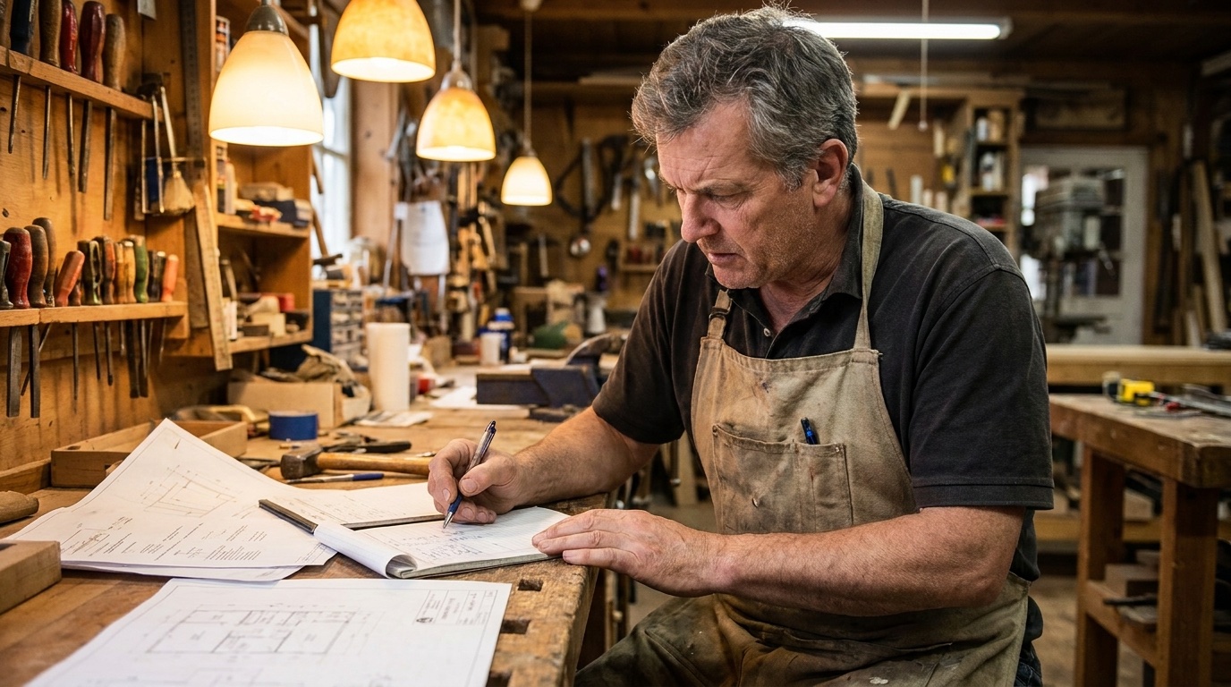 Small business owner in an apron reviewing renewal paperwork at his workshop workbench