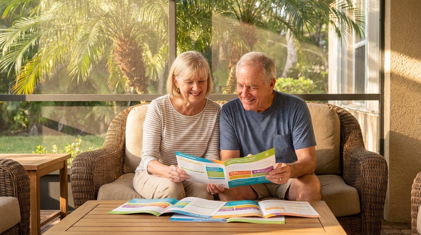 Senior couple on a Florida lanai reviewing health plan brochures together