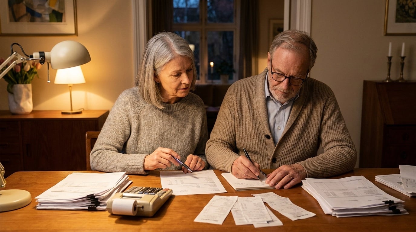 Senior couple reviewing costs with a calculator and paperwork at the dining table