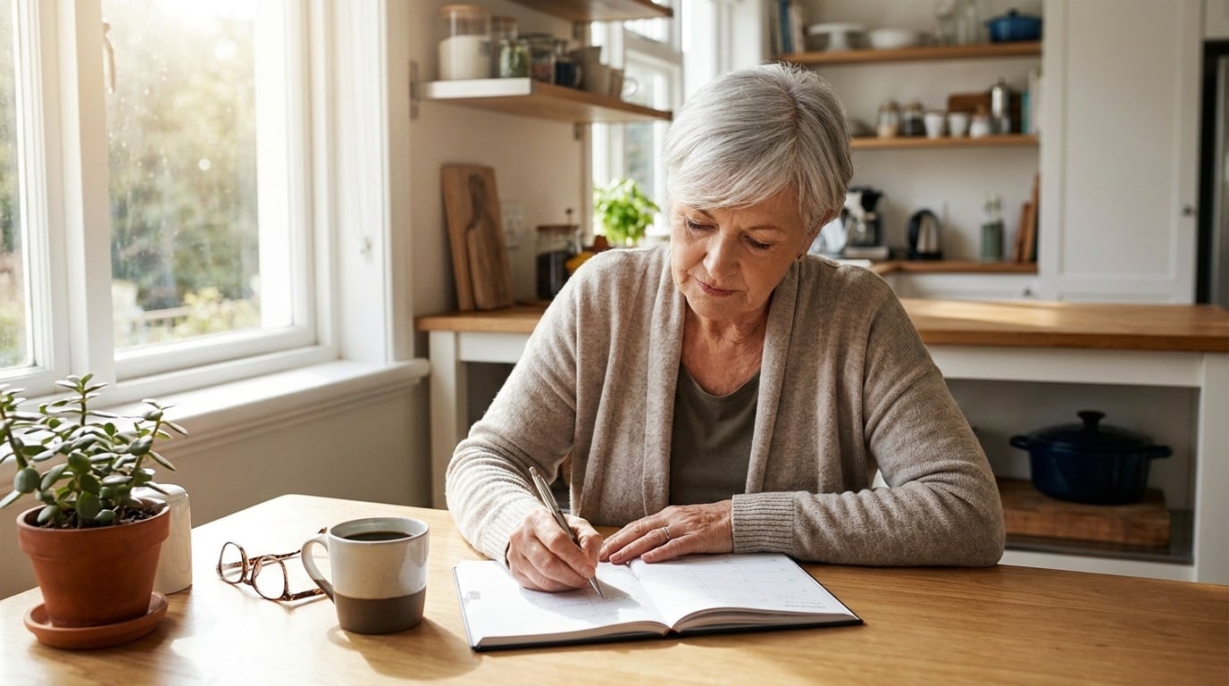 Senior woman writing a plan in a paper planner at a sunny breakfast nook