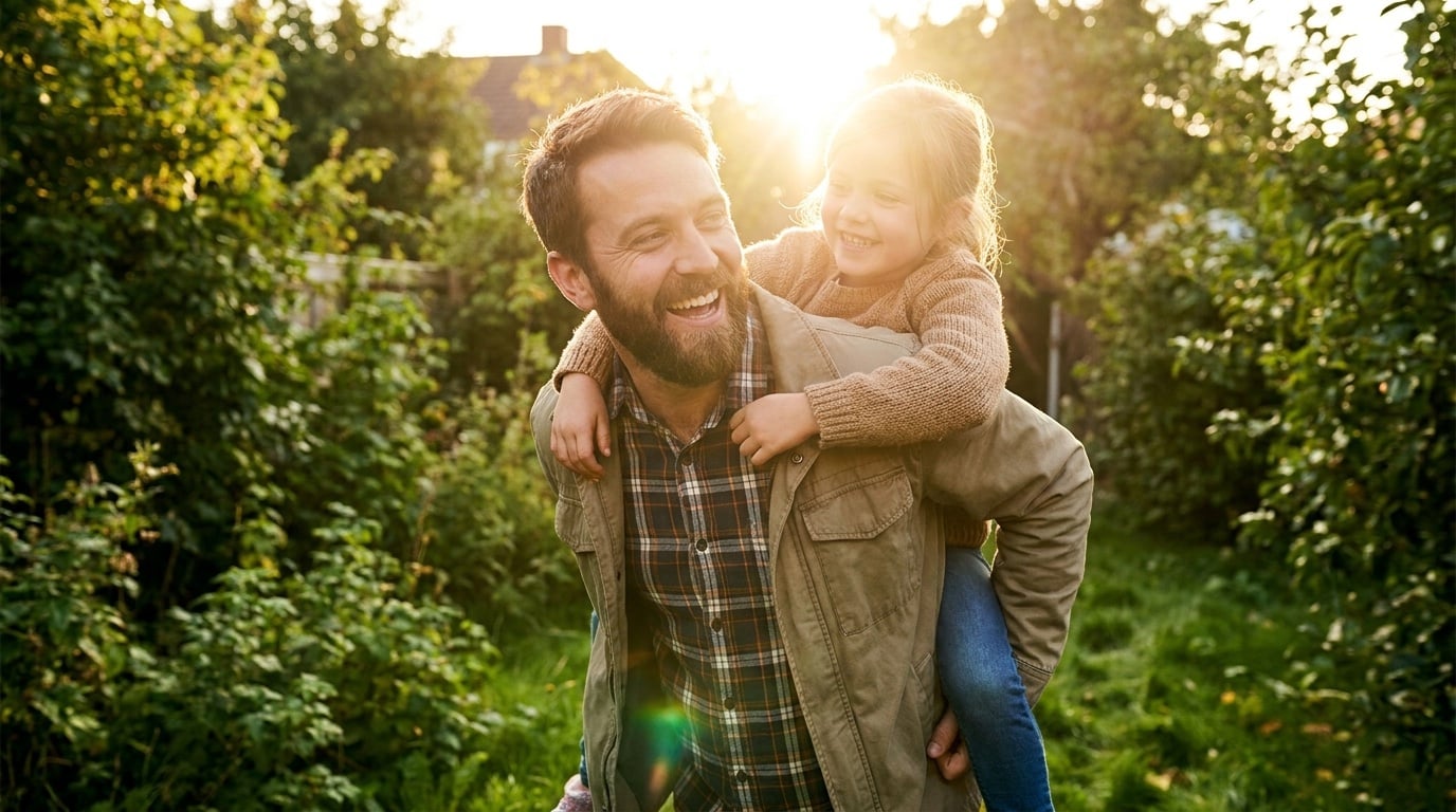 Father giving his young daughter a piggyback ride in the backyard at golden hour