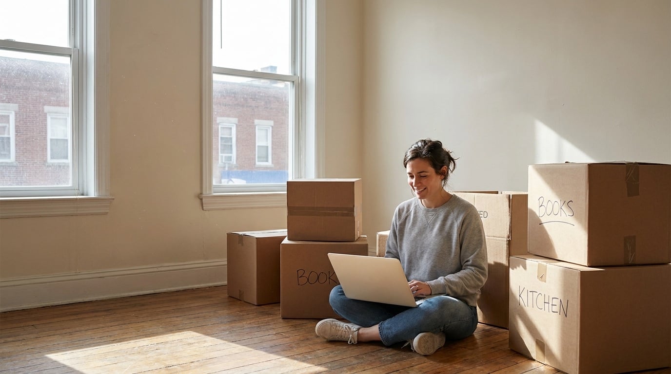 Young woman with a laptop among moving boxes in a new apartment