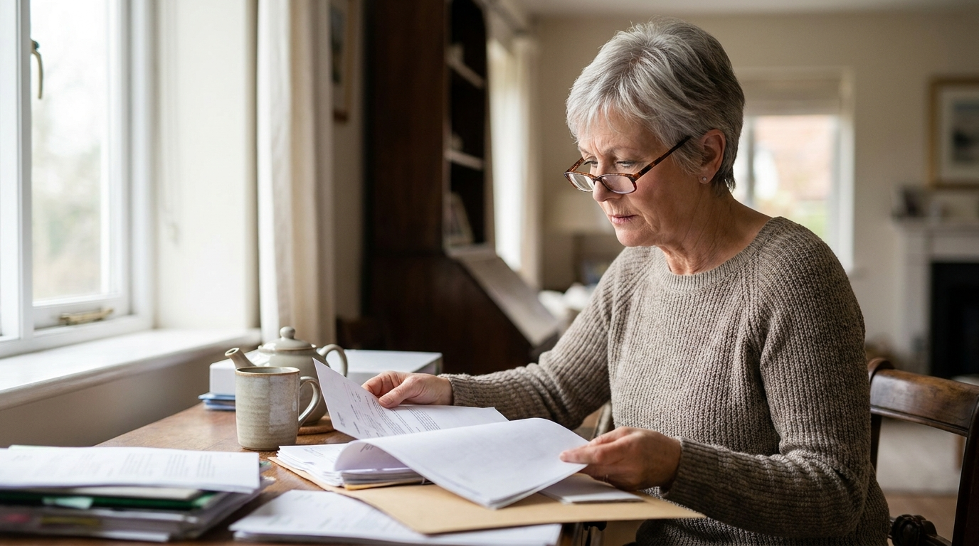 Woman reviewing her Medicare plan documents at a desk