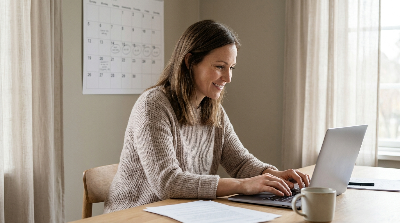 Woman reviewing health insurance enrollment options at her laptop