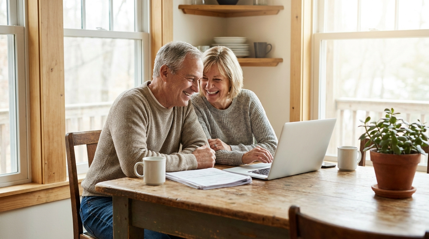 Happy couple in their 60s reviewing Medicare enrollment at home