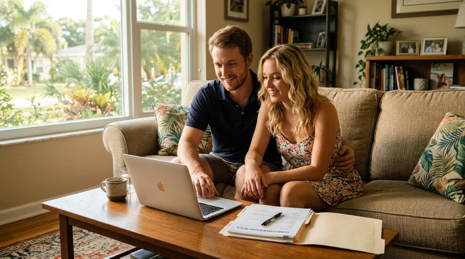 Couple on a couch with a laptop and a folder of documents preparing for health insurance enrollment