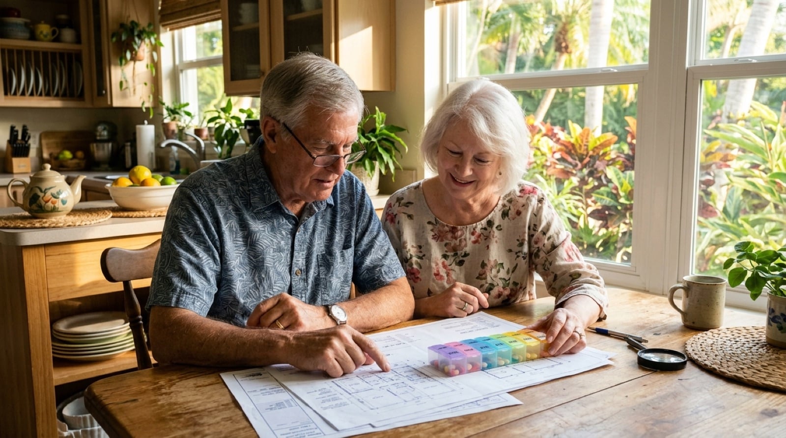 Retired couple at a kitchen table reviewing Medicare plan papers next to a pill organizer