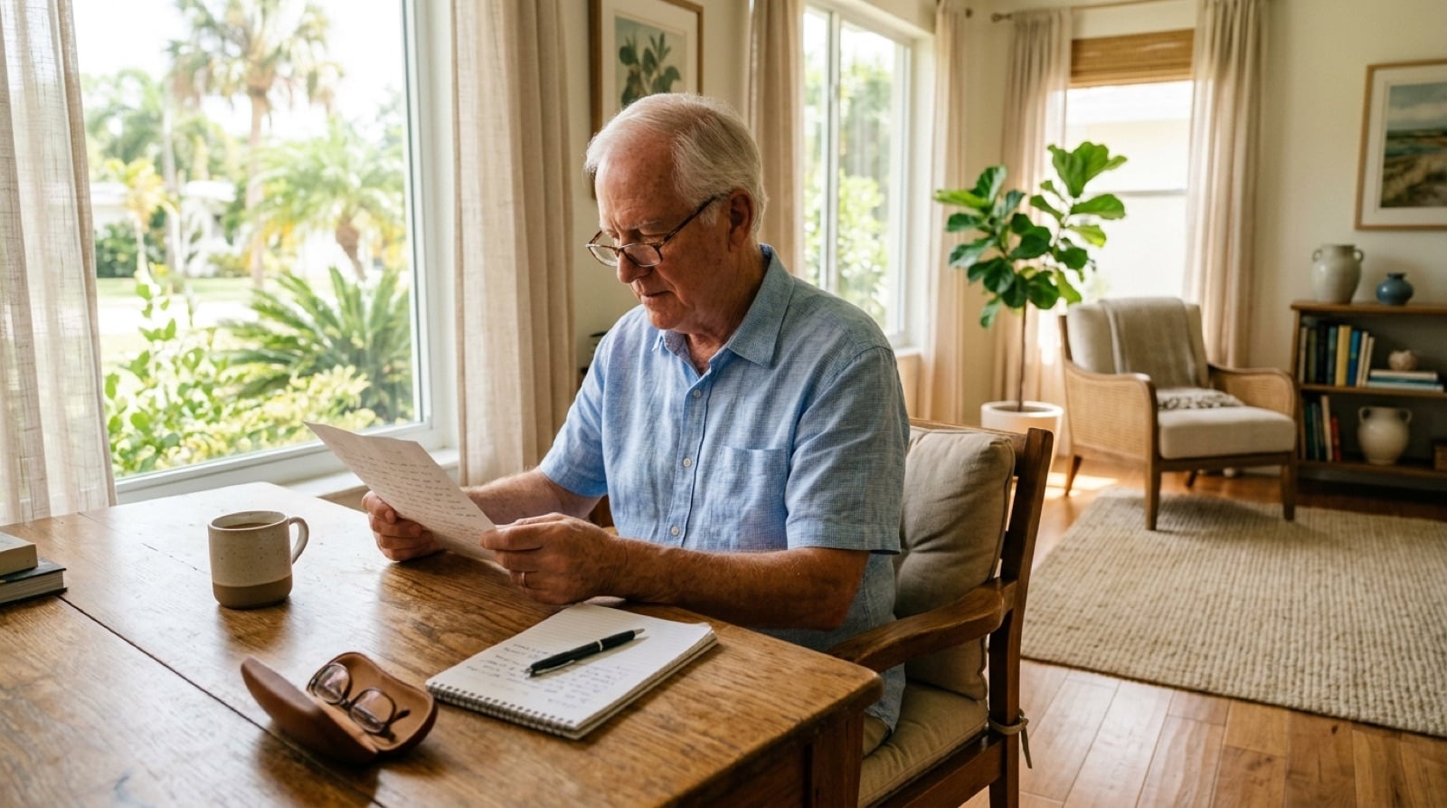 Older man at a home desk reading a letter with glasses and a notepad nearby