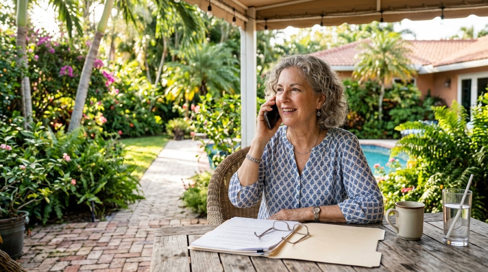 Woman on the phone at a patio table with a folder and reading glasses